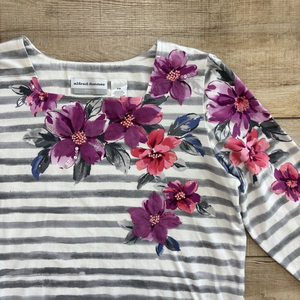 Alfred Dunner Womens Floral Stripe Petite M Top 3/4 Sleeve Bead Sequin Colorful